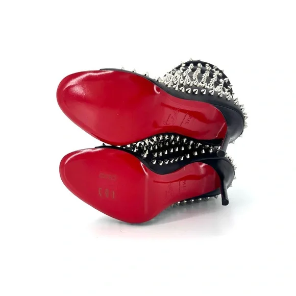 NEW Christian Louboutin Guerilla 100 Silver Spike Leather Peep Toe Booty 37.5 - Picture 9 of 10